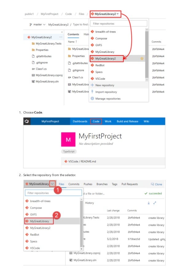 1. Choose Code.
2. Select the repository from the selector.
 