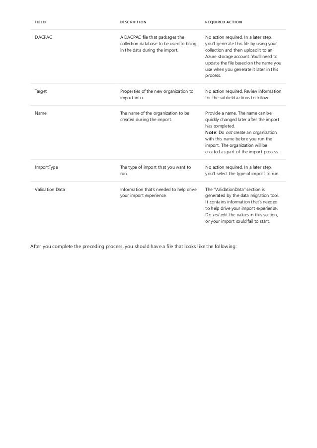 DACPAC A DACPAC file that packages the
collection database to be used to bring
in the data during the import.
No action required. In a later step,
you'll generate this file by using your
collection and then upload it to an
Azure storage account. You'll need to
update the file based on the name you
use when you generate it later in this
process.
Target Properties of the new organization to
import into.
No action required. Review information
for the subfield actions to follow.
Name The name of the organization to be
created during the import.
Provide a name. The name can be
quickly changed later after the import
has completed.
Note: Do not create an organization
with this name before you run the
import. The organization will be
created as part of the import process.
ImportType The type of import that you want to
run.
No action required. In a later step,
you'll select the type of import to run.
Validation Data Information that's needed to help drive
your import experience.
The "ValidationData" section is
generated by the data migration tool.
It contains information that's needed
to help drive your import experience.
Do not edit the values in this section,
or your import could fail to start.
FIELD DESCRIPTION REQUIRED ACTION
After you complete the preceding process, you should have a file that looks like the following:
 