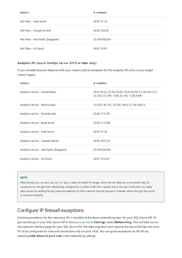 Test Plans - India South 40.81.72.10
Test Plans - Canada Central 40.82.184.28
Test Plans - Asia Pacific (Singapore) 20.195.68.0/24
Test Plans - UK South 40.81.159.9
SERVICE IP ADDRESS
SERVICE IP ADDRESS
Analytics service - United States 20.41.43.22, 20.36.236.83, 20.41.40.50, 52.143.251.221,
52.242.212.199, 13.86.33.148, 13.86.39.80
Analytics service - West Europe 52.236.146.143, 52.236.146.9, 52.149.108.23
Analytics service - Australia East 20.40.179.159
Analytics service - Brazil South 20.40.113.248
Analytics service - India South 40.81.73.58
Analytics service - Canada Central 40.82.185.214
Analytics service - Asia Pacific (Singapore) 20.195.68.0/24
Analytics service - UK South 40.81.159.247
NOTE
Configure IP firewall exceptions
Analytics IPs (Azure DevOps Server 2019 or later only)
If you included preview features with your import, add an exception for the analytics IPs only in your target
import region.
Alternatively, you can also use Service Tags in place of explicit IP ranges. Azure Service Tags are a convenient way for
customers to manage their networking configuration to allow traffic from specific Azure services. Customers can easily
allow access by adding the tag name azuredevops to their network security groups or firewalls either through the portal
or programmatically.
Granting exceptions for the necessary IPs is handled at the Azure networking layer for your SQL Azure VM. To
get started, go to your SQL Azure VM in the Azure portal. In Settings, select Networking. This will take you to
the network interface page for your SQL Azure VM. The data migration tool requires the Azure DevOps Services
IPs to be configured for inbound connections only on port 1433. You can grant exceptions for the IPs by
selecting Add inbound port rule in the networking settings.
 