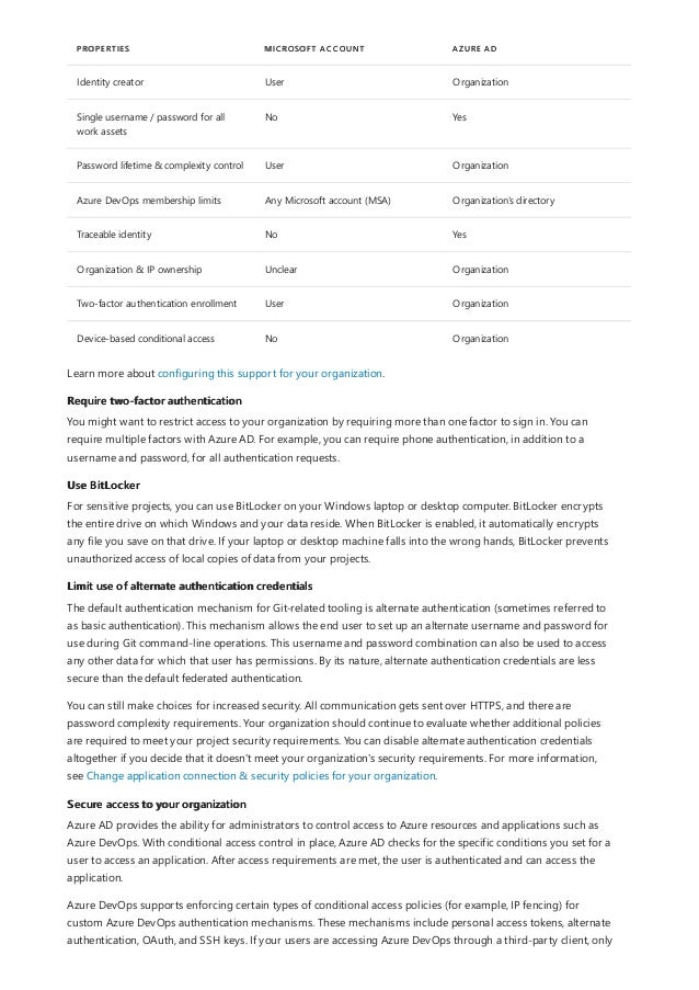 PROPERTIES MICROSOFT ACCOUNT AZURE AD
Identity creator User Organization
Single username / password for all
work assets
No Yes
Password lifetime & complexity control User Organization
Azure DevOps membership limits Any Microsoft account (MSA) Organization's directory
Traceable identity No Yes
Organization & IP ownership Unclear Organization
Two-factor authentication enrollment User Organization
Device-based conditional access No Organization
Require two-factor authentication
Use BitLocker
Limit use of alternate authentication credentials
Secure access to your organization
Learn more about configuring this support for your organization.
You might want to restrict access to your organization by requiring more than one factor to sign in. You can
require multiple factors with Azure AD. For example, you can require phone authentication, in addition to a
username and password, for all authentication requests.
For sensitive projects, you can use BitLocker on your Windows laptop or desktop computer. BitLocker encrypts
the entire drive on which Windows and your data reside. When BitLocker is enabled, it automatically encrypts
any file you save on that drive. If your laptop or desktop machine falls into the wrong hands, BitLocker prevents
unauthorized access of local copies of data from your projects.
The default authentication mechanism for Git-related tooling is alternate authentication (sometimes referred to
as basic authentication). This mechanism allows the end user to set up an alternate username and password for
use during Git command-line operations. This username and password combination can also be used to access
any other data for which that user has permissions. By its nature, alternate authentication credentials are less
secure than the default federated authentication.
You can still make choices for increased security. All communication gets sent over HTTPS, and there are
password complexity requirements. Your organization should continue to evaluate whether additional policies
are required to meet your project security requirements. You can disable alternate authentication credentials
altogether if you decide that it doesn't meet your organization's security requirements. For more information,
see Change application connection & security policies for your organization.
Azure AD provides the ability for administrators to control access to Azure resources and applications such as
Azure DevOps. With conditional access control in place, Azure AD checks for the specific conditions you set for a
user to access an application. After access requirements are met, the user is authenticated and can access the
application.
Azure DevOps supports enforcing certain types of conditional access policies (for example, IP fencing) for
custom Azure DevOps authentication mechanisms. These mechanisms include personal access tokens, alternate
authentication, OAuth, and SSH keys. If your users are accessing Azure DevOps through a third-party client, only
 