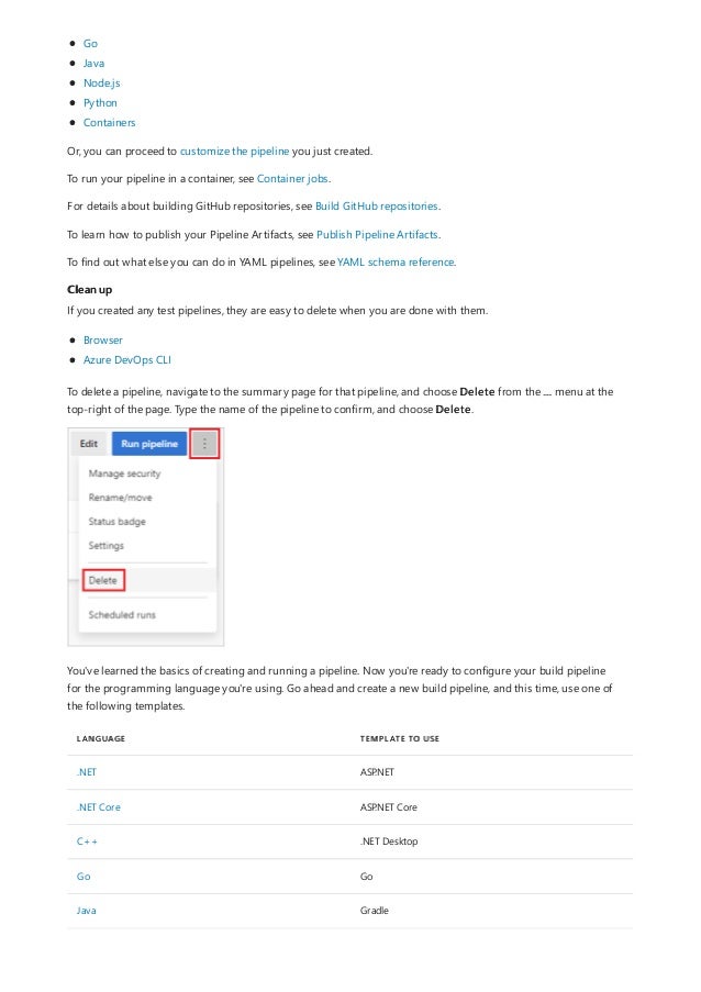 Clean up
LANGUAGE TEMPLATE TO USE
.NET ASP.NET
.NET Core ASP.NET Core
C++ .NET Desktop
Go Go
Java Gradle
Go
Java
Node.js
Python
Containers
Or, you can proceed to customize the pipeline you just created.
To run your pipeline in a container, see Container jobs.
For details about building GitHub repositories, see Build GitHub repositories.
To learn how to publish your Pipeline Artifacts, see Publish Pipeline Artifacts.
To find out what else you can do in YAML pipelines, see YAML schema reference.
If you created any test pipelines, they are easy to delete when you are done with them.
Browser
Azure DevOps CLI
To delete a pipeline, navigate to the summary page for that pipeline, and choose Delete from the ... menu at the
top-right of the page. Type the name of the pipeline to confirm, and choose Delete.
You've learned the basics of creating and running a pipeline. Now you're ready to configure your build pipeline
for the programming language you're using. Go ahead and create a new build pipeline, and this time, use one of
the following templates.
 