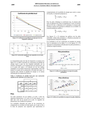 XXII CONGRESO NACIONAL DE HIDRÁULICA

AMH

AMH

ACAPULCO, GUERRERO, MÉXICO, NOVIEMBRE 2012

comportamiento de la pérdida de energía que ocurre a causa
de las pilas, la expresión propuesta es:

ℎ𝐿
= 𝑘(𝐹𝑟2 − 𝐹𝑟1 )
𝑎

(9)

Para las pilas cilíndricas se analizaron tres, la primera pila
tiene un diámetro de 27mm, la segunda de 33 mm y la tercera
pila de 40 mm, a diferencia de la primatica la tercera pila
cilíndrica respecto de la primera su diámetro no es el doble. La
ecuación propuesta cambia a:

ℎ𝐿
= 𝑘(𝐹𝑟2 − 𝐹𝑟1 )
𝑑

Figura 19. Coeficientes de pérdida de energía para las tres
longitudes analizadas

(10)

Las figuras 21 y 22 contienen las gráficos con las pilas
analizadas, ambas pilas primaticas y cilíndricas presentan un
comportamiento lineal bien definido
Los resultados se de los coeficientes de pérdida de energía
local se presentan en las tablas 5 y 6, las figuras 23 y 24
muestran la nomenclatura utilizada para las pilas prismáticas y
cilíndricas respectivamente.

Figura 20. Contracción seguida de una expansión en un tramo
corto

La nomenclatura para este tipo de transición se resunta en la
figura 20. La tabla 4 presenta los coeficientes de pérdida de
energía local k, para las tres longitud analizadas con la
relación L/B donde L es la longitud entre las transiciones y B
es el ancho del canal, y la relación de los tres anchos
estudiados en las demás transiciones representados como b/B
donde b es ancho de la contracción y B ancho del canal. La
ecuación para calcular la pérdida de energía es la misma
utilizada para las expansiones bruscas.

Figura 21. Gráfica de la pérdida de energía de las pilas
prismáticas

Tabla 4. Coeficientes de pérdida local para una contracción
seguida de una expansión en un tramo corto
k
b/B

0.33

0.5

0.67

0.67 6.8756 4.2459 2.1129
L/B

1

7.1585 4.4652 2.1561

1.33 7.7047 4.5186 2.2768

Pilas
Las pilas primaticas son de madera y la pila 1 tiene las
siguientes dimensiones, a=21 mm y b=33 mm, donde a es el
lado más corto de la sección de la pila. La segunda sus
dimensiones son el doble de la primera.
Los resultados obtenidos por parte de las ecuaciones en
comparación no revelaron un buen ajuste, por lo que se dio a
la tarea de proponer una expresión que representara el

Figura 22. Gráfica de la pérdida de energía de las pilas cilíndricas

 