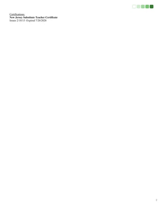 Certifications:
New Jersey Substitute Teacher Certificate
Issues 2/18/15 -Expired 7/20/2020
2
 