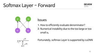 Softmax Layer - Forward
16
x2x1
y1 y2
Issues
1. How to efficiently evaluate denominator? 

2. Numerical instability due to the too large or too
small xk

Fortunately, softmax Layer is supported by cuDNN
 