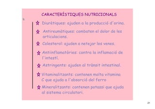 CARACTERÍSTIQUES NUTRICIONALS

Diurètiques: ajuden a la producció d'orina.

Antireumàtiques: combaten el dolor de les
articulacions.
Colesterol: ajuden a netejar les venes.

Antiinflamatòries: contra la inflamació de
l'intestí.
Astringents: ajuden al trànsit intestinal.

Vitaminalitzants: contenen molta vitamina
C que ajuda a l'absorció del ferro
Mineralitzants: contenen potassi que ajuda
al sistema circulatori.

                                              21
 