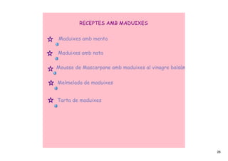 RECEPTES AMB MADUIXES


Maduixes amb menta

Maduixes amb nata

Mousse de Mascarpone amb maduixes al vinagre balsàmic.


Melmelada de maduixes


Tarta de maduixes




                                                         26
 