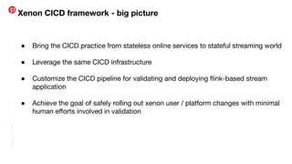 Conﬁdential
|
©
Pinterest
Xenon CICD framework - big picture
● Bring the CICD practice from stateless online services to stateful streaming world
● Leverage the same CICD infrastructure
● Customize the CICD pipeline for validating and deploying ﬂink-based stream
application
● Achieve the goal of safely rolling out xenon user / platform changes with minimal
human eﬀorts involved in validation
 