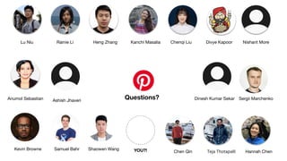 Questions?
Anumol Sebastian
Chenqi Liu
Hannah Chen
Divye Kapoor
Kanchi Masalia
Lu Niu Rainie Li
Teja Thotapalli
Nishant More
Samuel Bahr
Heng Zhang
Kevin Browne
Sergii Marchenko
Ashish Jhaveri Dinesh Kumar Sekar
Chen Qin
Shaowen Wang YOU?!
 