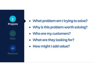 Prepare
Plan
Perform
• What problem am I trying to solve?
• Why is this problem worth solving?
• Who are my customers?
• What are they looking for?
• How might I add value?
 