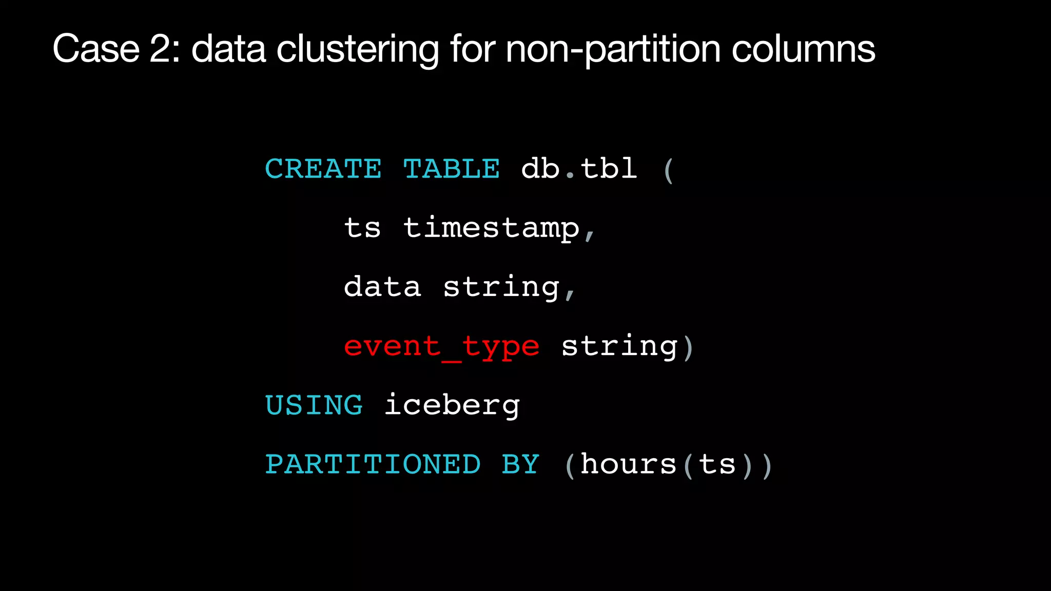 Case 2: data clustering for non-partition columns
CREATE TABLE db.tbl (
ts timestamp,
data string,
event_type string)
USING iceberg
PARTITIONED BY (hours(ts))
 