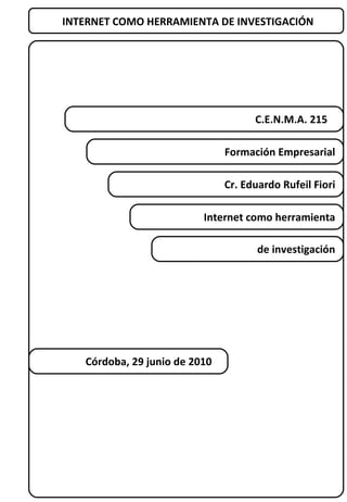 INTERNET COMO HERRAMIENTA DE INVESTIGACIÓN C.E.N.M.A. 215  Cr. Eduardo Rufeil Fiori Formación Empresarial Internet como herramienta Córdoba, 29 junio de 2010  de investigación 