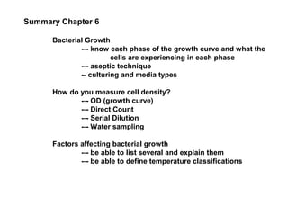 Summary Chapter 6
Bacterial Growth
--- know each phase of the growth curve and what the
cells are experiencing in each phase
--- aseptic technique
-- culturing and media types
How do you measure cell density?
--- OD (growth curve)
--- Direct Count
--- Serial Dilution
--- Water sampling
Factors affecting bacterial growth
--- be able to list several and explain them
--- be able to define temperature classifications
 