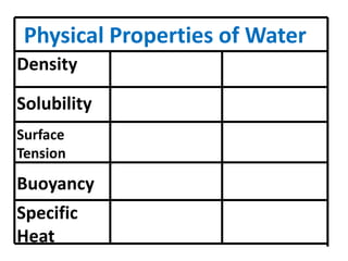 Physical Properties of Water
Density

Solubility
Surface
Tension

Buoyancy
Specific
Heat
 
