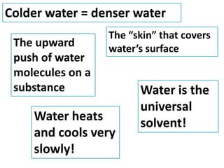Colder water = denser water
                  The “skin” that covers
 The upward       water’s surface
 push of water
 molecules on a
 substance              Water is the
                        universal
    Water heats         solvent!
    and cools very
    slowly!
 