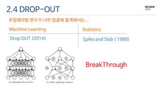 2.4 DROP-OUT
추정해야할 변수가 너무 많을때 통계에서는 ..
BreakThrough
Machine Learning Statistics
Spike and Slab ( 1988)Drop OUT (2014)
 
