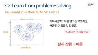 3.2 Learn from problem-solving
Gaussian Mixture Model for MUSIC ( 2012 )
Beat빠르기
전자음
가우시언믹스쳐를 알고는 있었지만,
사용할 수 없을 것 같았음.
실제 상황 + 이론
“느리니까 쓰지않는다.”
 