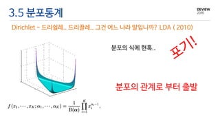 3.5 분포통계
Dirichlet - 드리쉴레.. 드리끌레.. 그건 어느 나라 말입니까? LDA ( 2010)
분포의 식에 현혹..
분포의 관계로 부터 출발
 