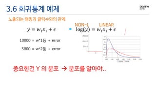 3.6 회귀통계 예제
노출되는 랭킹과 클릭수와의 관계
𝑦 = 𝑤1 𝑥1 + 𝜖
10000 = w*1등 + error
5000 = w*2등 + error
중요한건 Y 의 분포  분포를 알아야..
log(𝑦) = 𝑤1 𝑥1 + 𝜖
LINEARNON-L
 