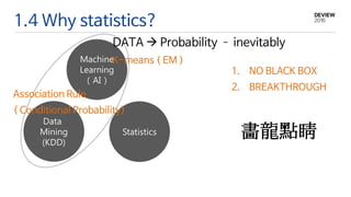 1.4 Why statistics?
Data
Mining
(KDD)
Machine
Learning
( AI )
Statistics
DATA  Probability – inevitably
Association Rule
( Conditional Probability)
K-means ( EM )
1. NO BLACK BOX
2. BREAKTHROUGH
畵龍點睛
 