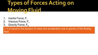 1. Inertia Force, Fi
2. Viscous Force, Fv
3. Gravity Force, Fg
 It is equal to the product of mass and acceleration due to gravity of the flowing
fluid.
 