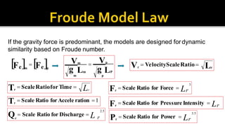 If the gravity force is predominant, the models are designed fordynamic
similarity based on Froude number.
LrTr
 ScaleRatioforTime 
g Lm g LP
m p
Vm
 Vp
LrVr
 VelocityScaleRatio    F Fee pm

Tr
 Scale Ratio for Accele ration 1
r
2.5
Q  Scale Ratio for Discharge  Lr
3
Fr
 Scale Ratio for Force  Lr
Fr
 Scale Ratio for Pressure Intensity  Lr
3.5
Pr
 Scale Ratio for Power  Lr
 