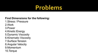 Find Dimensions for the following:
1.Stress / Pressure
2.Work
3.Power
4.Kinetic Energy
5.Dynamic Viscosity
6.Kinematic Viscosity
7.Surface Tension
8.Angular Velocity
9.Momentum
10.Torque
 