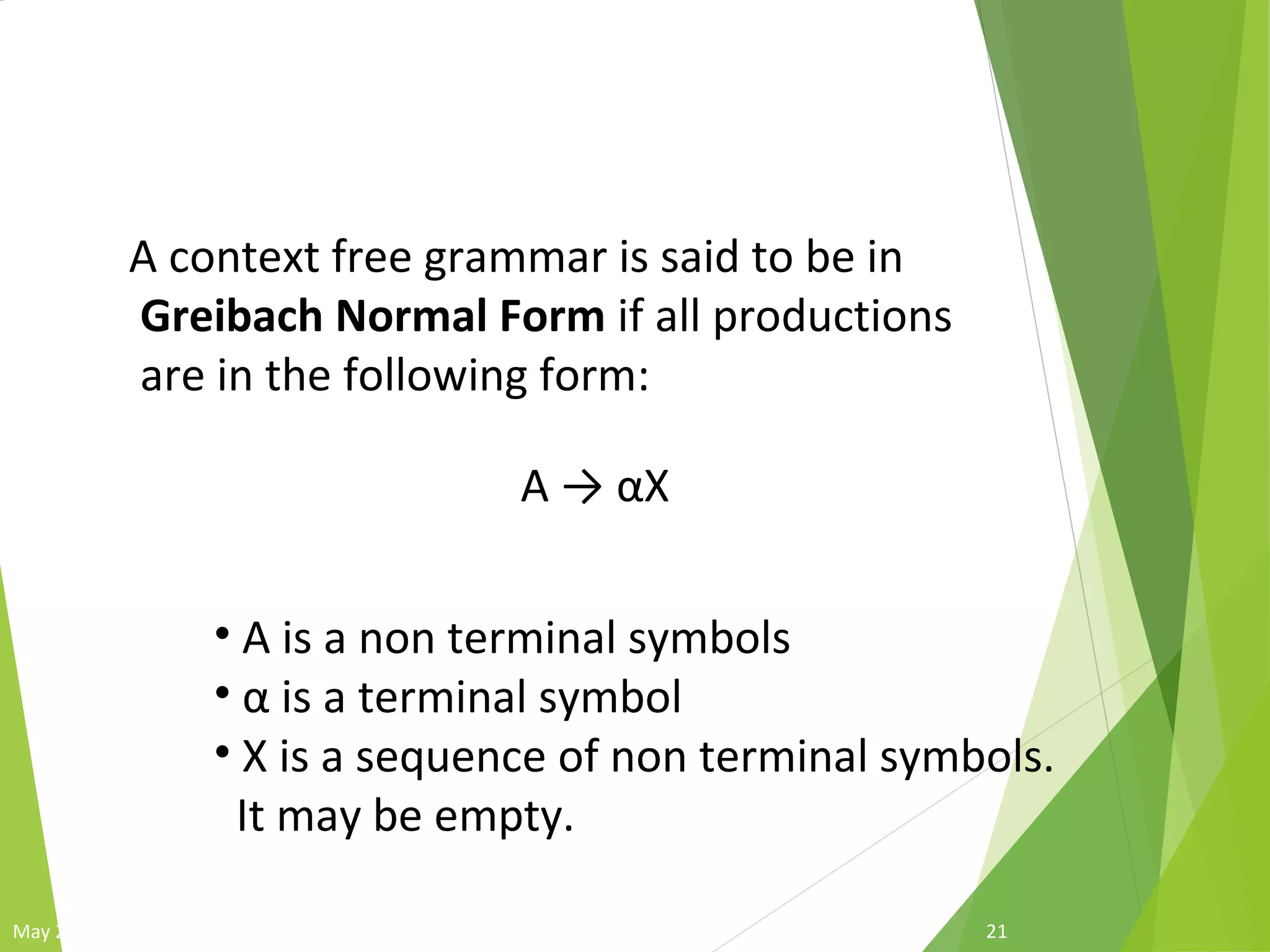 Greibach Normal Form
21May 27, 2009
A → αX
A context free grammar is said to be in
Greibach Normal Form if all productions
are in the following form:
• A is a non terminal symbols
• α is a terminal symbol
• X is a sequence of non terminal symbols.
It may be empty.
 