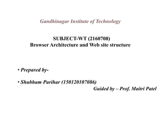 Guided by – Prof. Maitri Patel
• Prepared by-
• Shubham Parihar (150120107086)
•
Gandhinagar Institute of Technology
SUBJECT-WT (2160708)
Browser Architecture and Web site structure
 