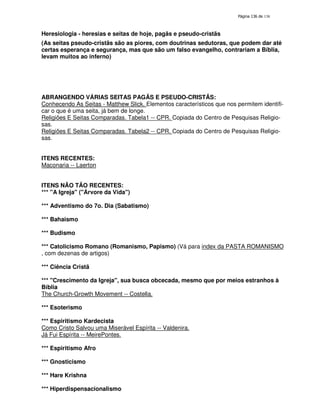 138

Heresiologia - heresias e seitas de hoje, pagãs e pseudo-cristãs
(As seitas pseudo-cristãs são as piores, com doutrinas sedutoras, que podem dar até
certas esperança e segurança, mas que são um falso evangelho, contrariam a Bíblia,
levam muitos ao inferno)

ABRANGENDO VÁRIAS SEITAS PAGÃS E PSEUDO-CRISTÃS:
Conhecendo As Seitas - Matthew Slick. Elementos característicos que nos permitem identificar o que é uma seita, já bem de longe.
Religiões E Seitas Comparadas. Tabela1 -- CPR. Copiada do Centro de Pesquisas Religiosas.
Religiões E Seitas Comparadas. Tabela2 -- CPR. Copiada do Centro de Pesquisas Religiosas.
ITENS RECENTES:
Maconaria -- Laerton
ITENS NÃO TÃO RECENTES:
*** "A Igreja" ("Árvore da Vida")
*** Adventismo do 7o. Dia (Sabatismo)
*** Bahaismo
*** Budismo
*** Catolicismo Romano (Romanismo, Papismo) (Vá para index da PASTA ROMANISMO
, com dezenas de artigos)
*** Ciência Cristã
*** "Crescimento da Igreja", sua busca obcecada, mesmo que por meios estranhos à
Bíblia
The Church-Growth Movement -- Costella.
*** Esoterismo
*** Espiritismo Kardecista
Como Cristo Salvou uma Miserável Espírita -- Valdenira.
Já Fui Espírita -- MeirePontes.
*** Espiritismo Afro
*** Gnosticismo
*** Hare Krishna
*** Hiperdispensacionalismo

 