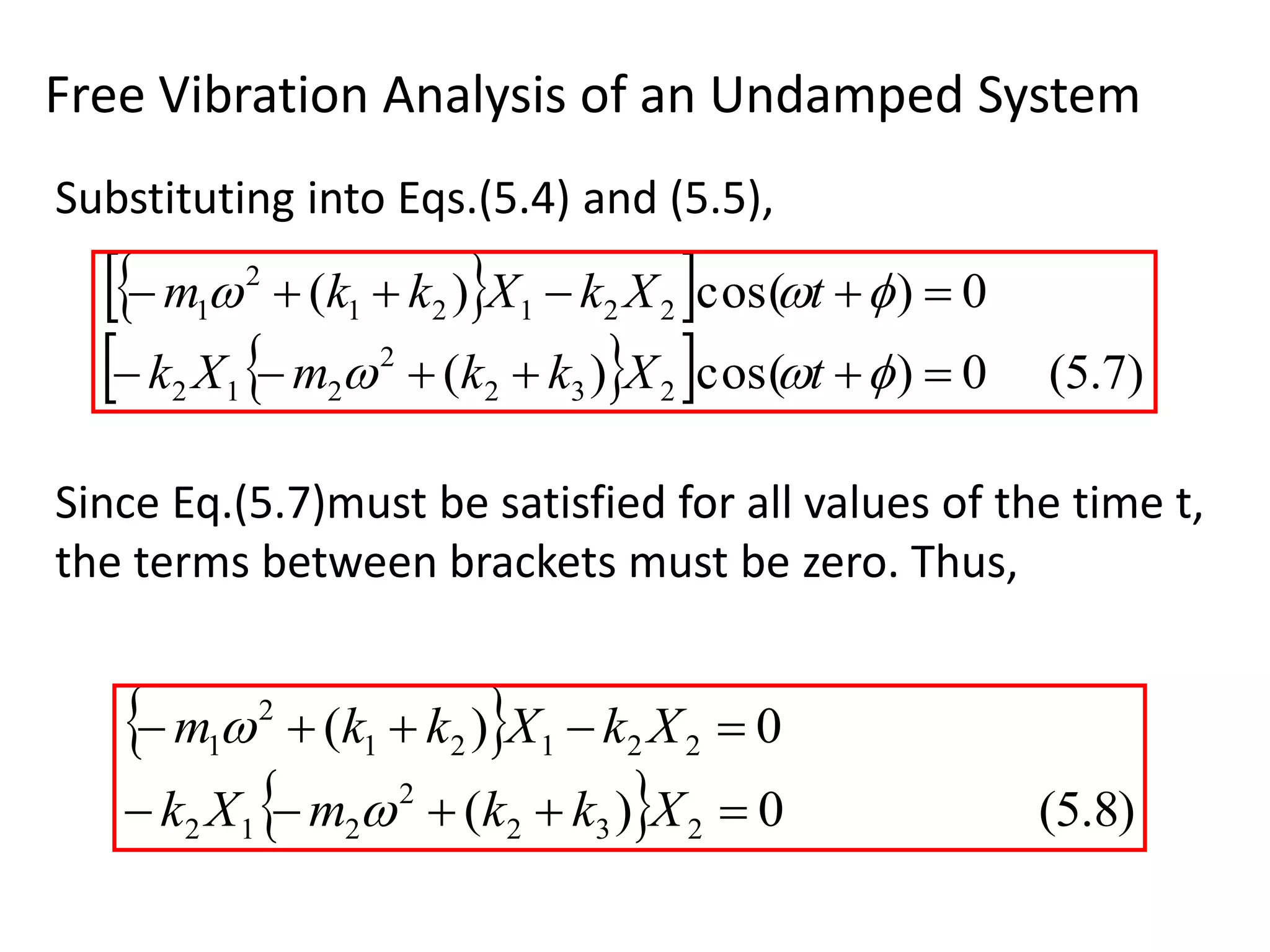 Free Vibration Analysis of an Undamped System
  
   )7.5(0)cos()(
0)cos()(
232
2
212
22121
2
1




tXkkmXk
tXkXkkm
 
  )8.5(0)(
0)(
232
2
212
22121
2
1


XkkmXk
XkXkkm


Since Eq.(5.7)must be satisfied for all values of the time t,
the terms between brackets must be zero. Thus,
Substituting into Eqs.(5.4) and (5.5),
 