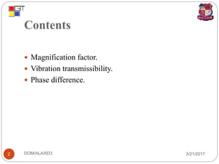 Contents
3/21/2017DOM/ALA/6D32
 Magnification factor.
 Vibration transmissibility.
 Phase difference.
 