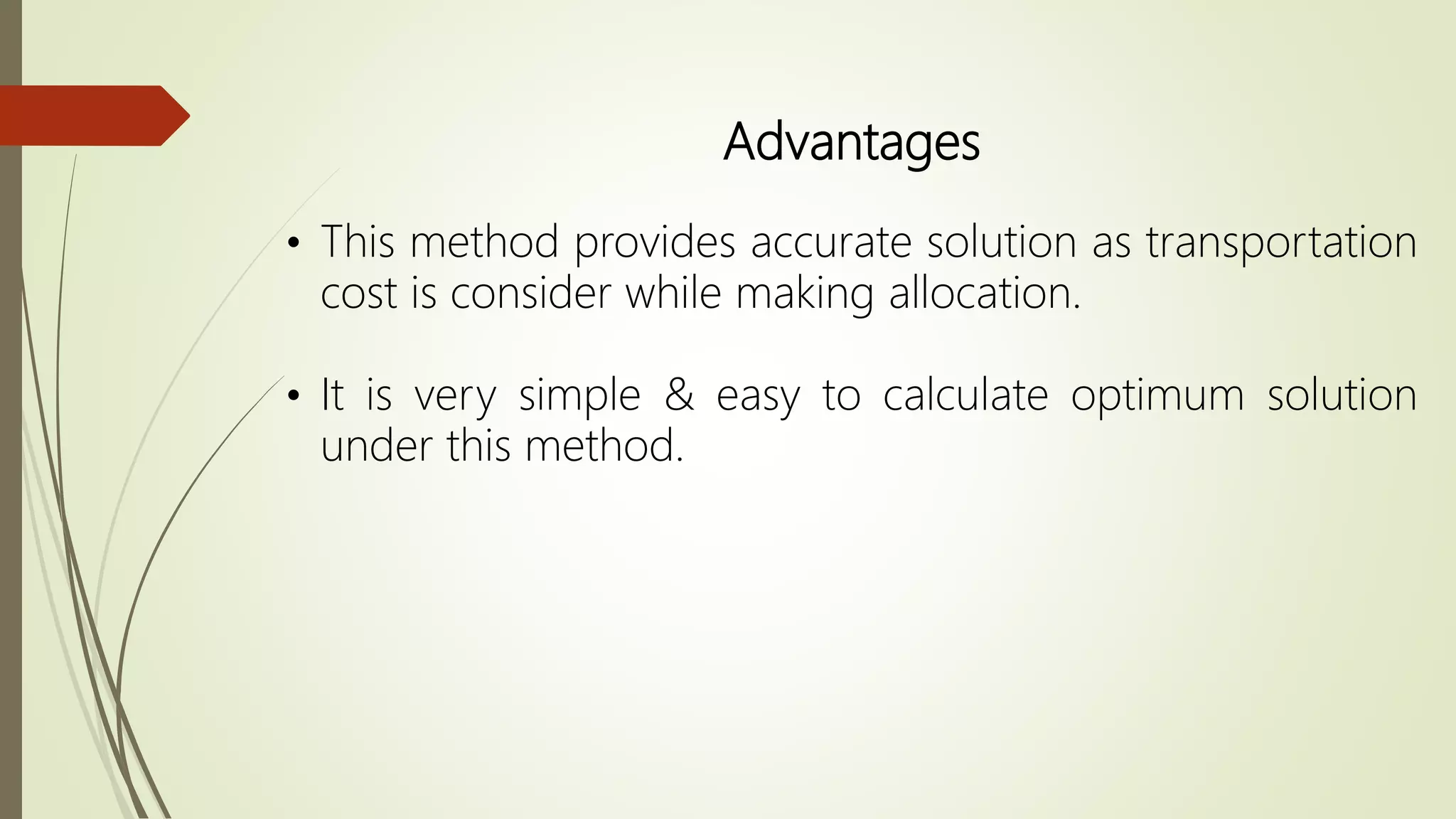 Advantages
• This method provides accurate solution as transportation
cost is consider while making allocation.
• It is very simple & easy to calculate optimum solution
under this method.
 
