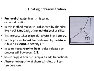 Heating dehumidification
• Removal of water from air is called
dehumidification
• In this method moisture is absorbed by chemical
like NaCl, LiBr, CaCl2, brine, ethyl glycol or silica.
• This process takes place along WBT line from 1-2.
• In this process latent heat released by moisture
is taken as sensible heat by air.
• In some cases reaction heat is also released so
process will flow along 1-3.
• So enthalpy difference is equal to additional heat.
• Absorption capacity of chemical is low at high
temperature.
 