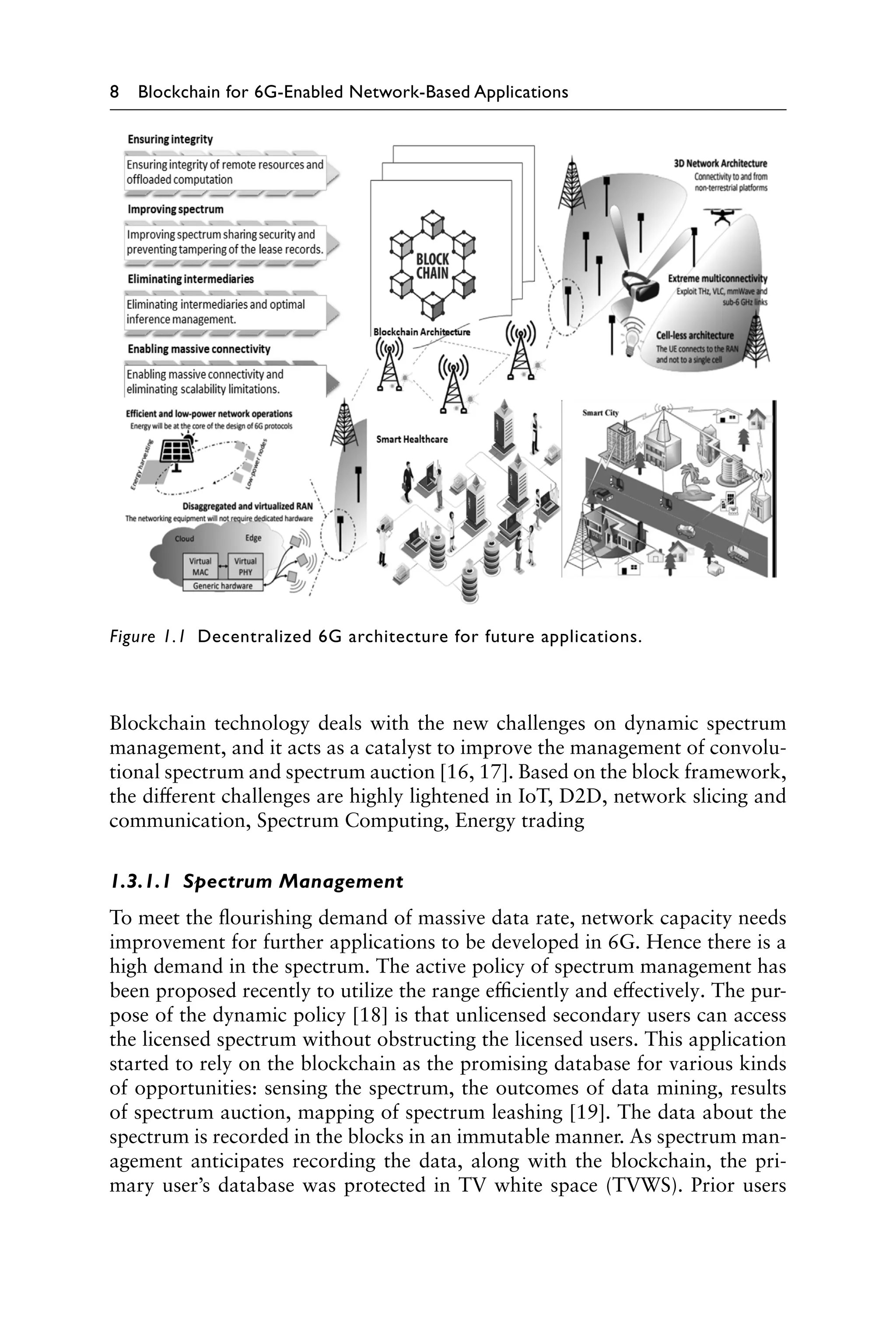 8 Blockchain for 6G-Enabled Network-Based Applications
Blockchain technology deals with the new challenges on dynamic spectrum
management, and it acts as a catalyst to improve the management of convolu-
tional spectrum and spectrum auction [16, 17]. Based on the block framework,
the different challenges are highly lightened in IoT, D2D, network slicing and
communication, Spectrum Computing, Energy trading
1.3.1.1 Spectrum Management
To meet the flourishing demand of massive data rate, network capacity needs
improvement for further applications to be developed in 6G. Hence there is a
high demand in the spectrum. The active policy of spectrum management has
been proposed recently to utilize the range efficiently and effectively. The pur-
pose of the dynamic policy [18] is that unlicensed secondary users can access
the licensed spectrum without obstructing the licensed users. This application
started to rely on the blockchain as the promising database for various kinds
of opportunities: sensing the spectrum, the outcomes of data mining, results
of spectrum auction, mapping of spectrum leashing [19]. The data about the
spectrum is recorded in the blocks in an immutable manner. As spectrum man-
agement anticipates recording the data, along with the blockchain, the pri-
mary user’s database was protected in TV white space (TVWS). Prior users
Figure 1.1 Decentralized 6G architecture for future applications.
 