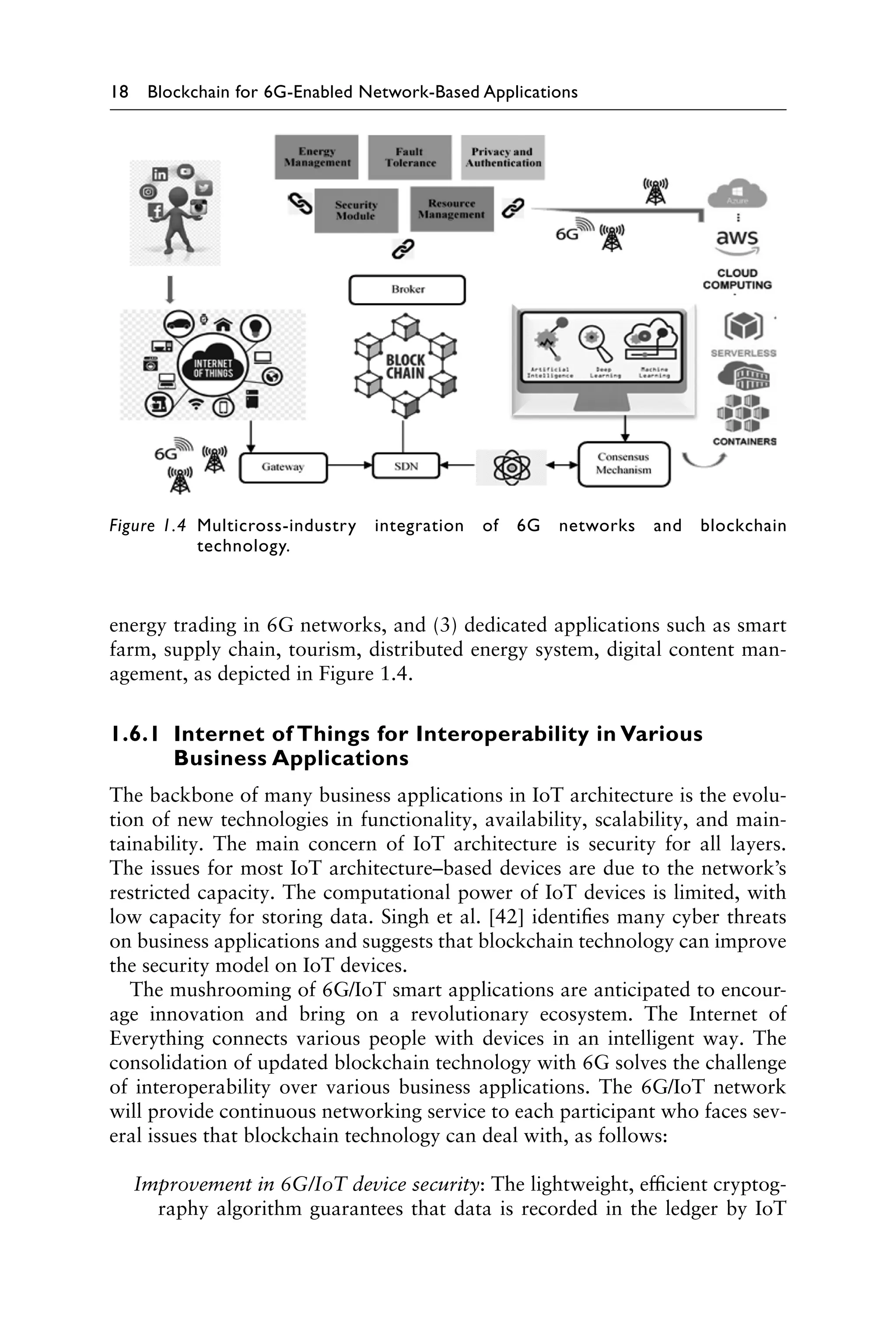 18 Blockchain for 6G-Enabled Network-Based Applications
energy trading in 6G networks, and (3) dedicated applications such as smart
farm, supply chain, tourism, distributed energy system, digital content man-
agement, as depicted in Figure 1.4.
1.6.1 
Internet of Things for Interoperability in Various
Business Applications
The backbone of many business applications in IoT architecture is the evolu-
tion of new technologies in functionality, availability, scalability, and main-
tainability. The main concern of IoT architecture is security for all layers.
The issues for most IoT architecture–based devices are due to the network’s
restricted capacity. The computational power of IoT devices is limited, with
low capacity for storing data. Singh et al. [42] identifies many cyber threats
on business applications and suggests that blockchain technology can improve
the security model on IoT devices.
The mushrooming of 6G/IoT smart applications are anticipated to encour-
age innovation and bring on a revolutionary ecosystem. The Internet of
Everything connects various people with devices in an intelligent way. The
consolidation of updated blockchain technology with 6G solves the challenge
of interoperability over various business applications. The 6G/IoT network
will provide continuous networking service to each participant who faces sev-
eral issues that blockchain technology can deal with, as follows:
Improvement in 6G/IoT device security: The lightweight, efficient cryptog-
raphy algorithm guarantees that data is recorded in the ledger by IoT
Figure 1.4 
Multicross-industry integration of 6G networks and blockchain
technology.
 