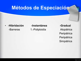Métodos de Especiación


• -Hibridación    -Instantánea    -Gradual
   -Barreras     1.-Poliploidía   Alopátrica
                                  Peripátrica
                                  Peripátrica
                                  Simpátrica
 