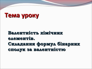 ТТееммаа ууррооккуу 
ВВааллееннттннііссттьь ххііммііччнниихх 
ееллееммееннттіівв.. 
ССккллааддаанннняя ффооррммуулл ббіінн...