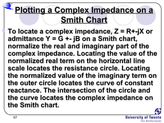 67
Plotting a Complex Impedance on aPlotting a Complex Impedance on a
Smith ChartSmith Chart
 To locate a complex impedance, Z = R+-jX orTo locate a complex impedance, Z = R+-jX or
admittance Y = G +- jB on a Smith chart,admittance Y = G +- jB on a Smith chart,
normalize the real and imaginary part of thenormalize the real and imaginary part of the
complex impedance. Locating the value of thecomplex impedance. Locating the value of the
normalized real term on the horizontal linenormalized real term on the horizontal line
scale locates the resistance circle. Locatingscale locates the resistance circle. Locating
the normalized value of the imaginary term onthe normalized value of the imaginary term on
the outer circle locates the curve of constantthe outer circle locates the curve of constant
reactance. The intersection of the circle andreactance. The intersection of the circle and
the curve locates the complex impedance onthe curve locates the complex impedance on
the Smith chart.the Smith chart.
 