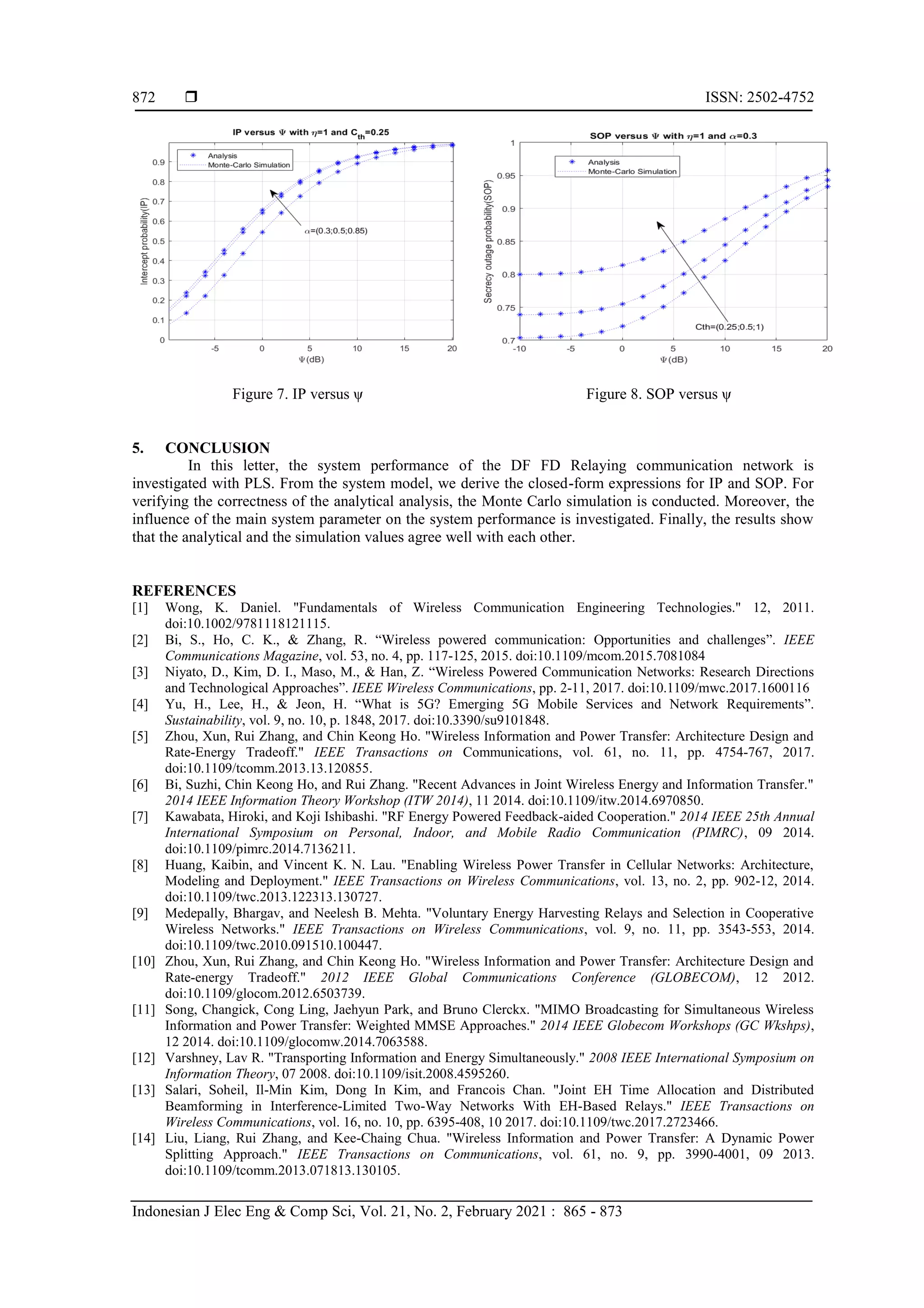  ISSN: 2502-4752
Indonesian J Elec Eng & Comp Sci, Vol. 21, No. 2, February 2021 : 865 - 873
872
Figure 7. IP versus ψ Figure 8. SOP versus ψ
5. CONCLUSION
In this letter, the system performance of the DF FD Relaying communication network is
investigated with PLS. From the system model, we derive the closed-form expressions for IP and SOP. For
verifying the correctness of the analytical analysis, the Monte Carlo simulation is conducted. Moreover, the
influence of the main system parameter on the system performance is investigated. Finally, the results show
that the analytical and the simulation values agree well with each other.
REFERENCES
[1] Wong, K. Daniel. "Fundamentals of Wireless Communication Engineering Technologies." 12, 2011.
doi:10.1002/9781118121115.
[2] Bi, S., Ho, C. K., & Zhang, R. “Wireless powered communication: Opportunities and challenges”. IEEE
Communications Magazine, vol. 53, no. 4, pp. 117-125, 2015. doi:10.1109/mcom.2015.7081084
[3] Niyato, D., Kim, D. I., Maso, M., & Han, Z. “Wireless Powered Communication Networks: Research Directions
and Technological Approaches”. IEEE Wireless Communications, pp. 2-11, 2017. doi:10.1109/mwc.2017.1600116
[4] Yu, H., Lee, H., & Jeon, H. “What is 5G? Emerging 5G Mobile Services and Network Requirements”.
Sustainability, vol. 9, no. 10, p. 1848, 2017. doi:10.3390/su9101848.
[5] Zhou, Xun, Rui Zhang, and Chin Keong Ho. "Wireless Information and Power Transfer: Architecture Design and
Rate-Energy Tradeoff." IEEE Transactions on Communications, vol. 61, no. 11, pp. 4754-767, 2017.
doi:10.1109/tcomm.2013.13.120855.
[6] Bi, Suzhi, Chin Keong Ho, and Rui Zhang. "Recent Advances in Joint Wireless Energy and Information Transfer."
2014 IEEE Information Theory Workshop (ITW 2014), 11 2014. doi:10.1109/itw.2014.6970850.
[7] Kawabata, Hiroki, and Koji Ishibashi. "RF Energy Powered Feedback-aided Cooperation." 2014 IEEE 25th Annual
International Symposium on Personal, Indoor, and Mobile Radio Communication (PIMRC), 09 2014.
doi:10.1109/pimrc.2014.7136211.
[8] Huang, Kaibin, and Vincent K. N. Lau. "Enabling Wireless Power Transfer in Cellular Networks: Architecture,
Modeling and Deployment." IEEE Transactions on Wireless Communications, vol. 13, no. 2, pp. 902-12, 2014.
doi:10.1109/twc.2013.122313.130727.
[9] Medepally, Bhargav, and Neelesh B. Mehta. "Voluntary Energy Harvesting Relays and Selection in Cooperative
Wireless Networks." IEEE Transactions on Wireless Communications, vol. 9, no. 11, pp. 3543-553, 2014.
doi:10.1109/twc.2010.091510.100447.
[10] Zhou, Xun, Rui Zhang, and Chin Keong Ho. "Wireless Information and Power Transfer: Architecture Design and
Rate-energy Tradeoff." 2012 IEEE Global Communications Conference (GLOBECOM), 12 2012.
doi:10.1109/glocom.2012.6503739.
[11] Song, Changick, Cong Ling, Jaehyun Park, and Bruno Clerckx. "MIMO Broadcasting for Simultaneous Wireless
Information and Power Transfer: Weighted MMSE Approaches." 2014 IEEE Globecom Workshops (GC Wkshps),
12 2014. doi:10.1109/glocomw.2014.7063588.
[12] Varshney, Lav R. "Transporting Information and Energy Simultaneously." 2008 IEEE International Symposium on
Information Theory, 07 2008. doi:10.1109/isit.2008.4595260.
[13] Salari, Soheil, Il-Min Kim, Dong In Kim, and Francois Chan. "Joint EH Time Allocation and Distributed
Beamforming in Interference-Limited Two-Way Networks With EH-Based Relays." IEEE Transactions on
Wireless Communications, vol. 16, no. 10, pp. 6395-408, 10 2017. doi:10.1109/twc.2017.2723466.
[14] Liu, Liang, Rui Zhang, and Kee-Chaing Chua. "Wireless Information and Power Transfer: A Dynamic Power
Splitting Approach." IEEE Transactions on Communications, vol. 61, no. 9, pp. 3990-4001, 09 2013.
doi:10.1109/tcomm.2013.071813.130105.
 