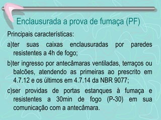Enclausurada a prova de fumaça (PF) 
Principais características: 
a)ter suas caixas enclausuradas por paredes 
resistentes a 4h de fogo; 
b)ter ingresso por antecâmaras ventiladas, terraços ou 
balcões, atendendo as primeiras ao prescrito em 
4.7.12 e os últimos em 4.7.14 da NBR 9077; 
c)ser providas de portas estanques à fumaça e 
resistentes a 30min de fogo (P-30) em sua 
comunicação com a antecâmara. 
 