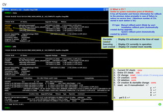 ENB02> cvcu
110326-10:42:02 10.0.0.164 8.0r ERBS_NODE_MODEL_B_1_40_COMPLETE stopfile=/tmp/896
===================================================================================================
110326-10:42 CV Name Upgrade Package Release
===================================================================================================
Startable: selfconfig_autocreated1 CXP102051/12_R9AS L11B (LSV59.3-4-CPP_8.0.2)
Loaded: RU_SW_Change_R25S-alarmc_cdmaHOcell33 CXP102051/12_R9AS L11B (LSV59.3-4-CPP_8.0.2)
Executing: selfconfig_autocreated1 CXP102051/12_R9AS L11B (LSV59.3-4-CPP_8.0.2)
Last created: selfconfig_autocreated1 CXP102051/12_R9AS L11B (LSV59.3-4-CPP_8.0.2)
-------------------------------------------------------------------------------------------------------------------
Current UpgradePkg: UpgradePackage=R9AS CXP102051/12_R9AS L11B (LSV59.3-4-CPP_8.0.2)
AutoCreatedCV: Disabled
Countdown status: Deactivated
Ongoing CV activity: 0 (IDLE)
Rollback status: Rollback is off
=================================================================================================
ENB02> cvls
110326-10:42:06 10.0.0.164 8.0r ERBS_NODE_MODEL_B_1_40_COMPLETE stopfile=/tmp/896
==================================================================================================
110326-10:42 CV Name Upgrade Package Release
==================================================================================================
Startable: selfconfig_autocreated1 CXP102051/12_R9AS L11B (LSV59.3-4-CPP_8.0.2)
Loaded: RU_SW_Change_R25S-alarmc_cdmaHOcell33 CXP102051/12_R9AS L11B (LSV59.3-4-CPP_8.0.2)
Executing: selfconfig_autocreated1 CXP102051/12_R9AS L11B (LSV59.3-4-CPP_8.0.2)
Last created: selfconfig_autocreated1 CXP102051/12_R9AS L11B (LSV59.3-4-CPP_8.0.2)
-------------------------------------------------------------------------------------------------------------------
Current UpgradePkg: UpgradePackage=R9AS CXP102051/12_R9AS L11B (LSV59.3-4-CPP_8.0.2)
AutoCreatedCV: Disabled
Countdown status: Deactivated
Ongoing CV activity: 0 (IDLE)
Rollback status: Rollback is off
===================================================================================================
UP name ProductData CVs LMs PrDate LastCV state Release CompatIndex
===================================================================================================
InitialUP 0_0 0 0 0 IDLE, ONLY_DELETEABLE
Virtual_2_of_CXP102051/10_R5EA CXP102051/10_R5EA 0 0 100906 IDLE, ONLY_DELETEABLE L11A
Virtual_0_of_CXP102051/12_R8AA CXP102051/12_R8AA 1 0 110216 110314 IDLE, ONLY_DELETEABLE L11B
Virtual_1_of_CXP102051/12_R7AK CXP102051/12_R7AK 4 0 110203 110315 IDLE, ONLY_DELETEABLE L11B (LSV59.3-3-CPP_8.0.2)
R9BE%2 CXP102051/10_R9BE/2 29 192 101207 110323 IDLE, UPGRADE_COMPLETED L11A.0.1.0 (EP30-CPP_8.0.0.3) CXP102051%1-R4
R9AS CXP102051/12_R9AS 16 200 110303 110325 IDLE, UPGRADE_COMPLETED L11B (LSV59.3-4-CPP_8.0.2) CXP102051%1-R4
==================================================================================================
CV Name Creation Date UpgradePackage Release Type Operator Comment
==================================================================================================
BasicCV_CXP102106%10_R9BE%2 2010-12-07 13:28 CXP102051/10_R9BE/2 L11A.0.1.0 other unknown none
LTE_Initial 2010-12-07 13:33 CXP102051/10_R9BE/2 L11A.0.1.0 other ProductionTest ProductionTest
L11A-artiza-vlanoff 2011-03-01 02:26 CXP102051/10_R9BE/2 L11A.0.1.0 other cwcho none
===================================================================================================
>>> Total: 50 CV's, 6 UP's
ENB03>
CV
※ What is CV ?
Similar to system restoration point of Windows.
It has all Parameter and Version information for rollback
to the previous status promptly in case of failure to
reduce no service time. ( Maximum number of CVs
stored in each station is 50.)
CV type: Manual rollback point (Made by user)
Installation rollback point (Automatically
created during upgrade)
System rollback point (Automatically
created by system)
Startable : Display CV activated at the time of reset
Loaded :
Executing : Display CV currently in operation
Last created : Display CV created most recently
1. Current CV check: cvcu
2. Entire CV check: cvls
3. CV change: cvset ( Select certain CV among saved
4. CV creation: cvmk
5. CV deletion: cvrm
6. CV creation & startable change: cvms
7. reset: acc 0 manualrestart <┛
y <┛
3 <┛
0 <┛
0 <┛
6. pol 5 5 <┛
 