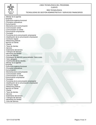 Modelo de
Mejora
LÍNEA TECNOLÓGICA DEL PROGRAMA
CLIENTE
RED TECNOLÓGICA
TECNOLOGÍAS DE GESTIÓN ADMINISTRATIVA Y SERVICIOS FINANCIEROS
-Manejo de la agenda
Empresa.
-Estructura orgánico-funcional
-Principios corporativos
Comunicación.
-Elementos de la comunicación
-Comunicación verbal
-Comunicación no verbal
Comunicación empresarial
-Concepto
-Funciones de la comunicación empresarial
-Clasificación de la comunicación empresarial
-Conducto regular
-Relaciones públicas
Servicio al Cliente:
-Cliente
-Tipos de clientes
-Servicio
-Estándares del servicio
-Triángulo del Servicio
-Momentos de Verdad
-Ciclo del Servicio
-Estrategias de atención personalizada: Cara a cara.
-Valor agregado
-Clasificación de los clientes.
-Manejo de la agenda
Empresa.
-Estructura orgánico-funcional
-Principios corporativos
Comunicación.
-Elementos de la comunicación
-Comunicación verbal
-Comunicación no verbal
Comunicación empresarial
-Concepto
-Funciones de la comunicación empresarial
-Clasificación de la comunicación empresarial
-Conducto regular
-Relaciones públicas
Servicio al Cliente:
-Cliente
-Tipos de clientes
-Servicio
-Estándares del servicio
-Triángulo del Servicio
-Momentos de Verdad
-Ciclo del Servicio
Página 14 de 3112/11/13 07:00 PM
 