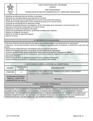 Modelo de
Mejora
LÍNEA TECNOLÓGICA DEL PROGRAMA
CLIENTE
RED TECNOLÓGICA
TECNOLOGÍAS DE GESTIÓN ADMINISTRATIVA Y SERVICIOS FINANCIEROS
Identificar los diferentes tipos de eventos y sus etapas.
Interpretar los conceptos básicos para estructurar un evento
Aplicar las directrices para la organización de eventos en la Unidad Administrativa
Conformar el comité organizador y otros comités de acuerdo con el tipo de evento.
Coordinar las actividades de los diferentes comités.
Identificar los soportes técnicos, tecnológicos y de las Tecnologías de la Información y la Comunicación TIC.
Recopilar la información relacionada con el tipo de evento.
Seleccionar el medio de divulgación del evento
Cotizar los requerimientos del evento, ajustándose al presupuesto asignado.
Realizar la divulgación del evento.
Aplicar las normas de seguridad vigentes
Ejecutar el evento
4. CRITERIOS DE EVALUACIÓN
Estructura eventos menores aplicando las etapas, los conceptos básicos y las directrices de la organización.
Selecciona los recursos humanos, técnicos y tecnológicos requeridos para la planeación, coordinación y ejecución del
evento.
Selecciona los medios técnicos y tecnológicos para la divulgación del evento.
Realiza la divulgación del evento, de acuerdo con las políticas de la organización
Conserva los documentos, producto del evento, de acuerdo con el soporte y la legislación vigente.
Selecciona las propuestas de los proveedores, teniendo en cuenta los requerimientos para el evento y cumpliendo con el
presupuesto asignado.
Determina las medidas de seguridad necesarias para la realización del evento.
Realiza el evento de acuerdo con lo planeado y las políticas institucionales.
1. CONTENIDOS CURRICULARES DE LA COMPETENCIA
DENOMINACIÓNCÓDIGO:
210601008
VERSIÓN DE
LA NCL
2
2. RESULTADOS DE APRENDIZAJE
ORGANIZAR LA DOCUMENTACIÓN TENIENDO EN CUENTA LAS NORMAS
LEGALES Y DE LA ORGANIZACIÓN
DURACIÓN ESTIMADA
PARA EL LOGRO DEL
APRENDIZAJE (en horas)
120 horas
DENOMINACIÓN
PRESERVAR LOS DOCUMENTOS (SOPORTE FÍSICO O DIGITAL) PARA EL SUMINISTRO DE INFORMACIÓN DE
ACUERDO CON LAS NORMAS, LAS TÉCNICAS, LA TECNOLOGÍA DISPONIBLE Y LA LEGISLACIÓN VIGENTE
DESPACHAR LOS DOCUMENTOS GENERADOS EN LA UNIDAD ADMINISTRATIVA, TENIENDO EN CUENTA LAS
NORMAS GRAMATICALES Y DE SINTAXIS, LAS NORMAS TÉCNICAS COLOMBIANAS PARA LA ELABORACIÓN Y
PRESENTACIÓN DE LOS DOCUMENTOS, LAS NORMAS INTERNAS Y LA LEGISLACIÓN VIGENTE.
Página 9 de 3112/11/13 07:00 PM
 