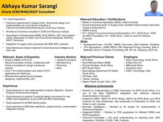 Abhaya Kumar Sarangi
Oracle SCM/WMS/ASCP Consultant
13+ Years Experience
• Extensive experienced in Supply Chain, Warehouse design and
implementation as a Functional consultant in
Telecommunication,Manufacturing and pharmacy industry.
• Worked as functional consultant in SCM and Planning modules.
• Specialized in Warehousing (WMS, WCS,MSCA), O2C and Logistics
cycles, Requisition to Order, Adv Procurement,interfaces, Planning,
ASCP, Demantra
• Integration of supply chain processes with B2B, B2C customer.
• Data Warehouse analyst Implement Oracle Business Intelligence at
client site
Relevant Education / Certifications
• Master In Computer Application (MCA), Utkal University.
• Oracle E-Business Suite 12 Supply Chain Certified Implementation Specialist:
Oracle Inventory(2014).
• OBIEE trained.
• R11: Oracle Procurement Cloud Implementation, R11: SCM Cloud - SCM
and MFG Foundation, R11: SCM Cloud - Order to Cash for Partners
(Trained).
Skills
• Development tools – PL/SQL, OBIEE, Discoverer, XML Publisher, Workflow.
• R12 Applications – WMS, MSCA, OM, Advanced Pricing, Inventory, Bills of
Materials, Work in Progress, Purchasing, AR, AP, GL, Shipping, ASCP etc.
Relevant Areas of Expertise
• Oracle’s OBIEE on R12 for
telecommunication industry. Collaborate with
Oracle consultants to design warehouse
solution.
• Core IT for implementation and rollout of R12
applications for Multi-Org.
• Requirements gathering and analysis,
designing, implementing, UAT.
Industry Sectors
• Telecommunication
• Manufacturing
• Pharmacy
• Bank
Relevant Previous Clients
• MTN Next
• Rand Merchant Bank (RMB)
• EConet Wireless, South Africa
• MTN South Africa
• Mpumalanga Department Of Health,
South Africa
• US Steel, USA
• Telenor, Norway
• Dayton Power & Light, Ohio, USA
Employers
• Wipro Technology, South Africa
• Oratel (Pvt) Ltd
• IBM South Africa.
• Accenture India
• ESEC Technology, India
Experience Milestone achievements
• Good exposure to new implementation projects, Migration, Support
Projects, Enhancement projects.
• Good exposure to prepare Functional design documents for new
CEMLI and integrations as per OUM and AIM methodology.
• Good exposure to all EBS testing cycles.
• Good exposure to EBS data migrations, support activity, customization,
Integration activity.
• Worked on Implementation of WMS Automation for MTN South Africa, It is
one of the Best WMS/WCS integration with Siemens machine
implementation in the world.
• Implement WMS, ASCP for MTN Ghana, MSCA for MTN Benin and MTN
Cameron for their Warehouse. Also participate on Requisition to Order and
Order to cash modules.
• Business Intelligence – Worked as BI analyst for implementation of
Warehouse Reports.
• Integration/CEMLI - Worked on FDD preparation for different CEMLI and
SCM Integrations.
• Technical Knowledge – Got good understanding on reporting tools, SOA
integrations, Workflow, PLSQL, XML Publisher.
 