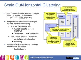 Scale Out/Horizontal Clustering early phases of the project used a single server deployment environment embedded WebSphere MQ MQ GET/ PUT QM MQ the production environment leverages WBI SF horizontal clustering external WebSphere MQ  WBI SF specific queues: GET/PUT JMS client, TCP/IP connection WebSphere Network Deployment centralized administration clustering additional WBI SF nodes can be added to the cluster as needed load balancing pSeries p615, 1 CPU, 2 GB RAM WBI Server Foundation v5.1.1 WAS component for agent for remote server management and monitoring built-in WAS  messaging engine: embedded JMS Provider central queue manager can be shared by multiple WBI SF servers WAS Network Deployment manages individual WAS servers via the node agent WBI SF CLUSTER WASND Deployment Manager WBI SF JMS Node Agent WBI SF JMS Node Agent 