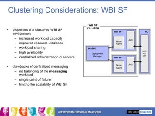 Clustering Considerations: WBI SF properties of a clustered WBI SF environment increased workload capacity improved resource utilization workload sharing high availability centralized administration of servers drawbacks of centralized messaging no balancing of the  messaging  workload single point of failure limit to the scalability of WBI SF MQ GET/ PUT QM JMS WBI SF CLUSTER WASND Deployment Manager WBI SF JMS Node Agent WBI SF JMS Node Agent 