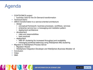 Agenda COATS/OMCS project business case for the On Demand transformation Technical Demo OMCS transformation to a service-oriented architecture design conceptual framework: business processes, workflows, services enterprise service bus: a messaging and mediation pattern deployment architecture development  roles and responsibilities best practices deployment WBI SF clustering for increased throughput and availability messaging workload balancing using WebSphere MQ clustering Migration to WebSphere Process Server Migration Wizard WebSphere Integration Developer and WebSphere Business Modeler v6 Conclusion Video Q&A 