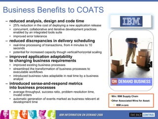 Business Benefits to COATS reduced analysis, design and code time 25% reduction in the cost of deploying a new application release concurrent, collaborative and iterative development practices enabled by an integrated tools suite improved error tolerance reduced discrepancies in delivery scheduling real-time processing of transactions, from 4 minutes to 10 seconds potential for increased capacity though vertical/horizontal scaling improved application adaptability  to changing business requirements improved existing business processes streamlined the transformation of business processes to executable workflows introduced business rules adaptable in real time by a business analyst introduced sense-and-respond metrics  into business processes average throughput, success ratio, problem resolution time, invalid orders automatic generation of events marked as business relevant at development time Win: IBM Supply Chain Other Associated Wins for Asset:  IBM e-care 