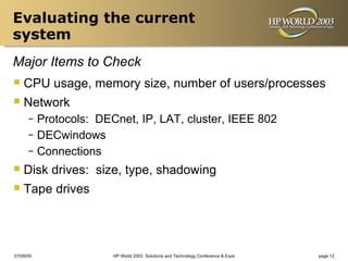 Evaluating the current
system
Major Items to Check
 CPU usage, memory size, number of users/processes
 Network
      – Protocols: DECnet, IP, LAT, cluster, IEEE 802
      – DECwindows
      – Connections

 Disk drives:    size, type, shadowing
 Tape drives


07/09/09              HP World 2003 Solutions and Technology Conference & Expo   page 12
 