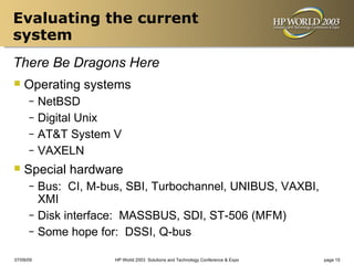Evaluating the current
system
There Be Dragons Here
 Operating systems
      – NetBSD
      – Digital Unix
      – AT&T System V
      – VAXELN

 Special hardware
      – Bus: CI, M-bus, SBI, Turbochannel, UNIBUS, VAXBI,
        XMI
      – Disk interface: MASSBUS, SDI, ST-506 (MFM)
      – Some hope for: DSSI, Q-bus

07/09/09             HP World 2003 Solutions and Technology Conference & Expo   page 15
 